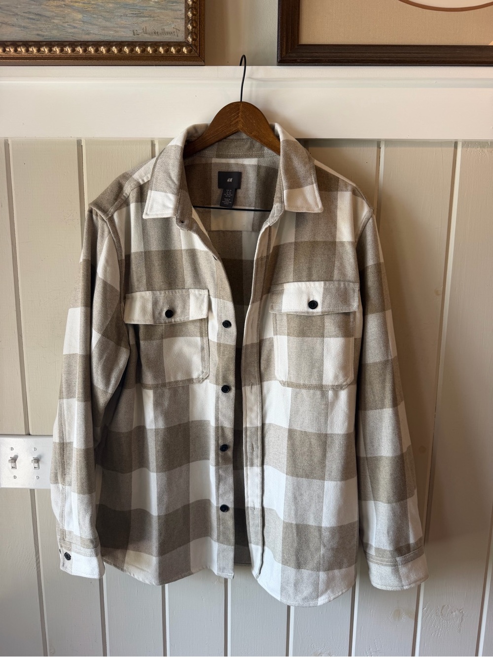 NWOT H&M Tan & Cream Checkered Shirt Jacket/Shacket, Size XL, Oversized
